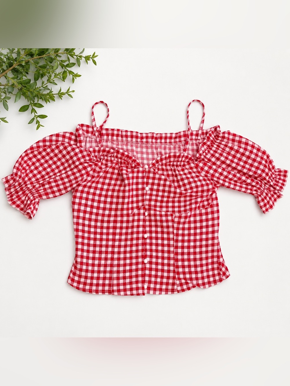 Red Gingham Off-Shoulder Button-Front Top